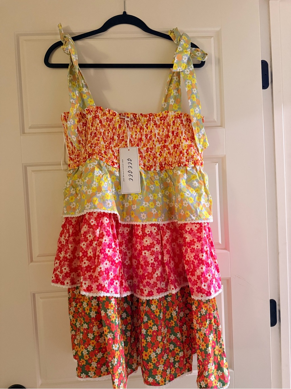 Floral Tiered Sundress with Tie Straps - Pink, Yellow, Green